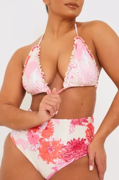 Floral Print Frill Triangle Bikini Top