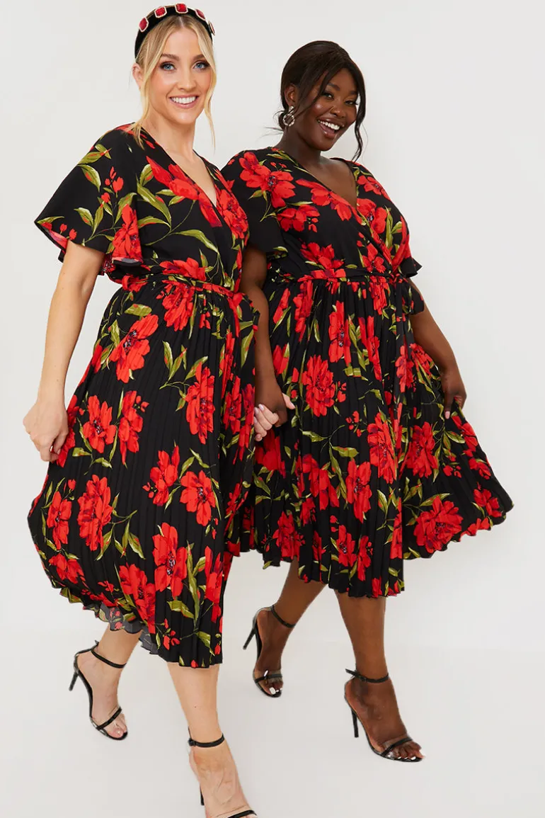 Floral Print Pleated Wrap Midi Dress