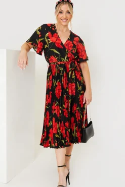 Floral Print Pleated Wrap Midi Dress