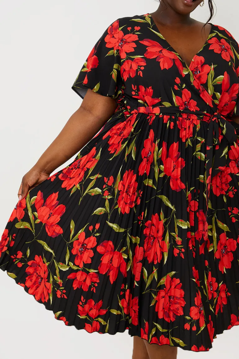 Floral Print Pleated Wrap Midi Dress