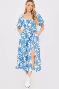 Floral Print Puff Sleeve Sweetheart Midi Dress
