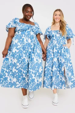 Floral Print Puff Sleeve Sweetheart Midi Dress