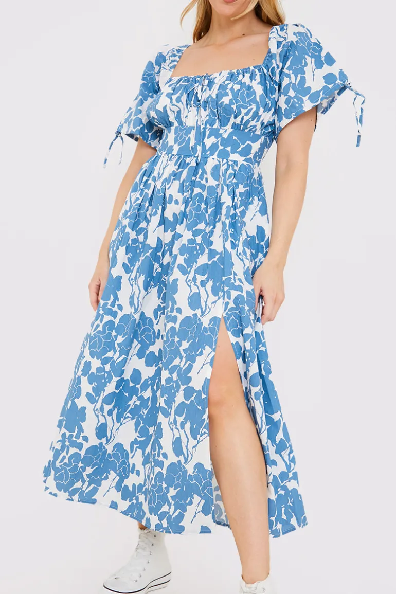 Floral Print Puff Sleeve Sweetheart Midi Dress