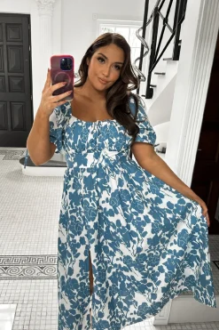 Floral Print Puff Sleeve Sweetheart Midi Dress
