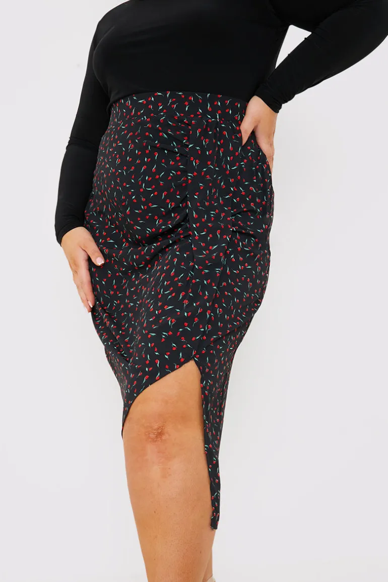 Floral Print Ruched Midi Skirt