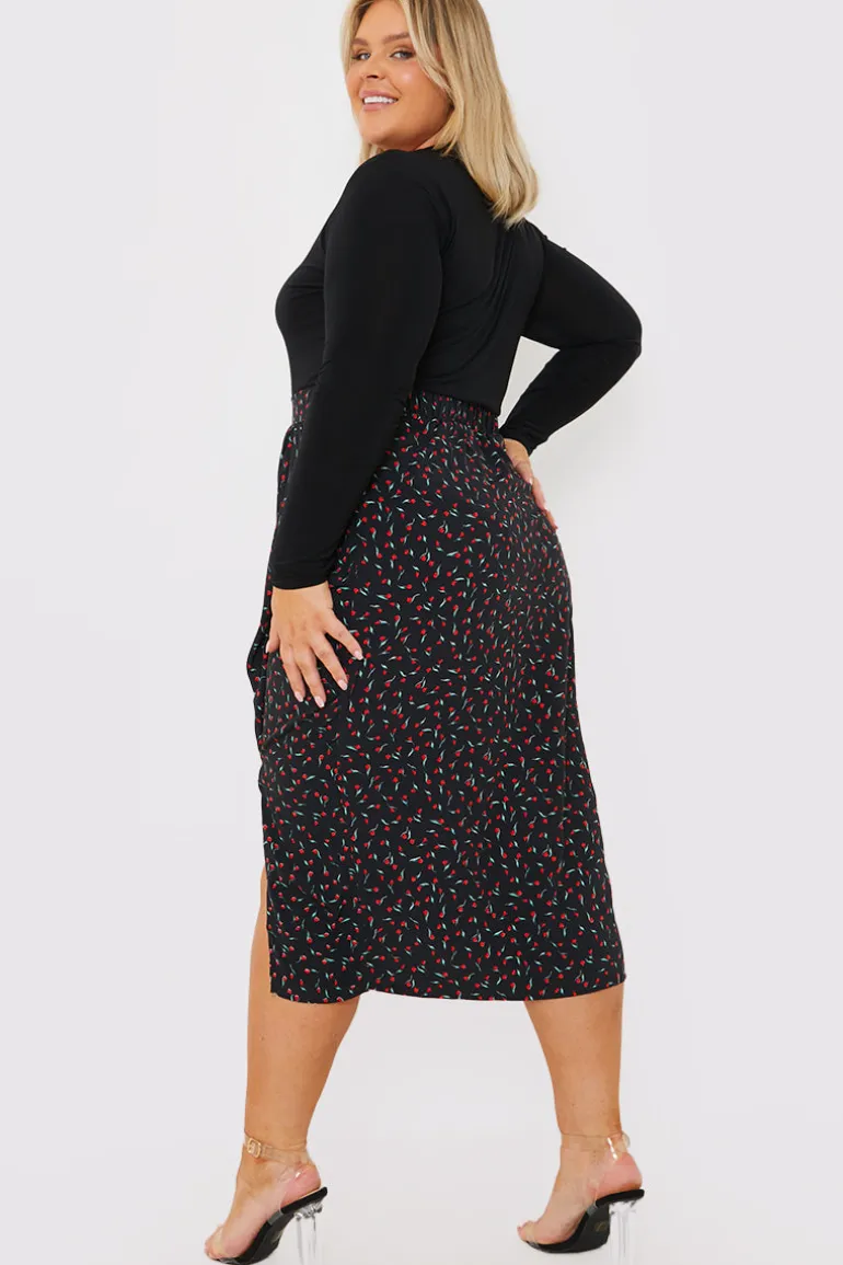 Floral Print Ruched Midi Skirt