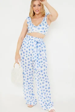 Floral Print Tie Detail Wide Leg Trousers