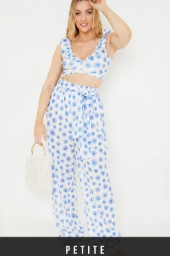 Floral Print Tie Detail Wide Leg Trousers