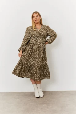 Floral Print Wrap Front Belted Balloon Sleeve Midi Dress