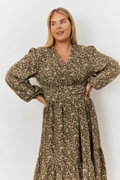 Floral Print Wrap Front Belted Balloon Sleeve Midi Dress