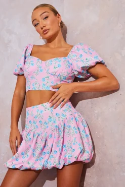 Floral Puffball Hem Mini Skirt