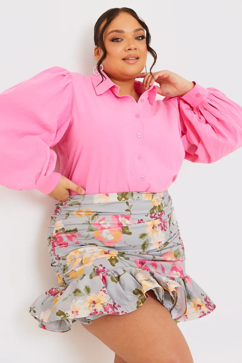 Floral Ruched Ruffle Hem Mini Skirt
