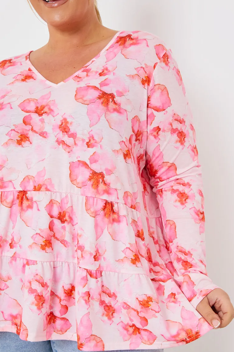 FLORAL TIERED JERSEY SMOCK TOP