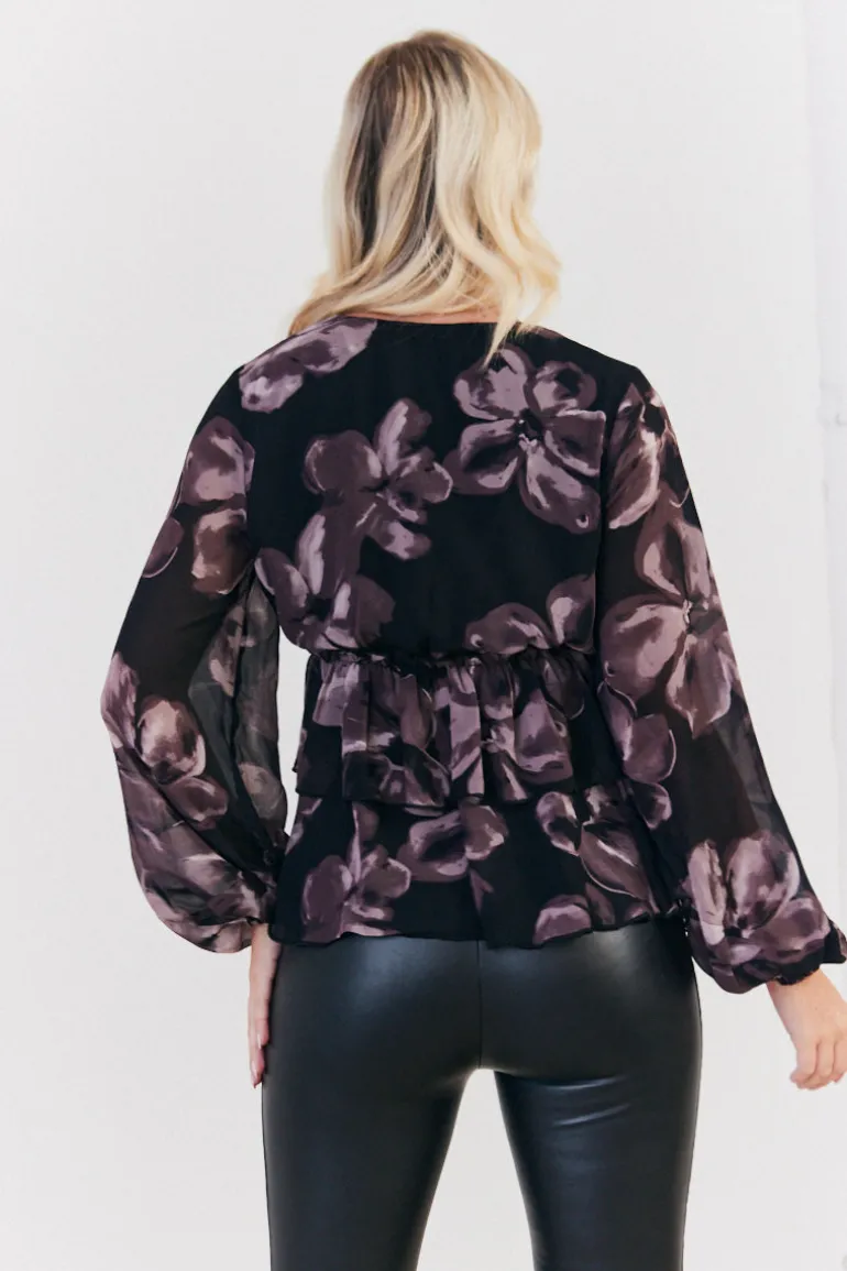 Floral V Neck Frill Detail Blouse