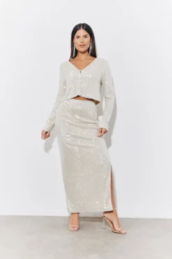 Gold Sequin Slit Detail Midi Skirt