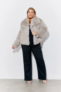 Grey Oversized Collared Faux Fur Coat