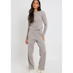 Grey Ribbed Wide Leg Trouser