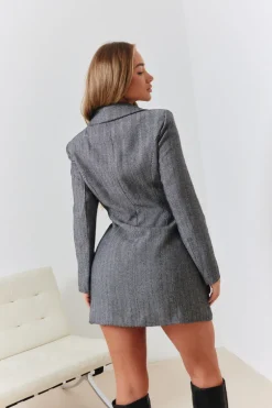Herringbone Tweed Cinched Waist Double Breasted Blazer Dress