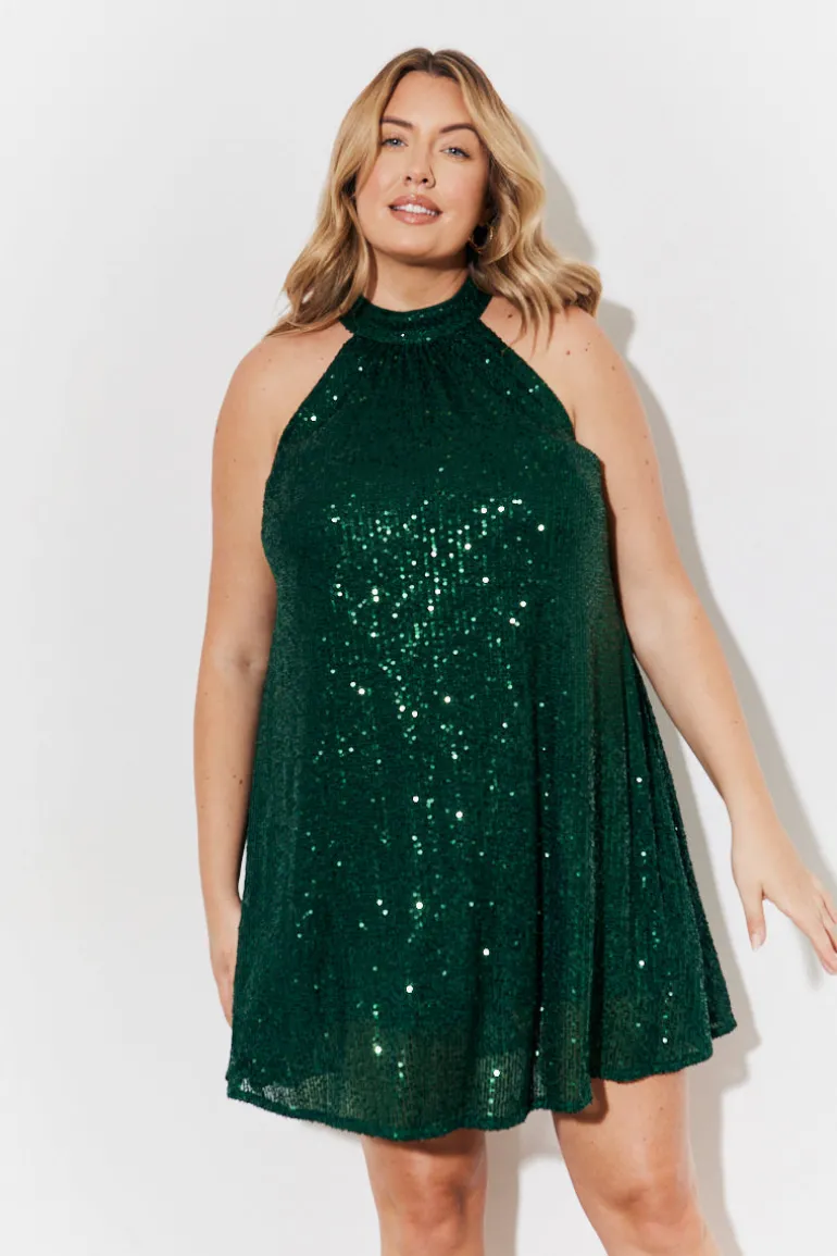 High Neck Sequin Swing Mini Dress
