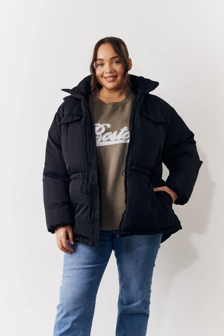 Hooded Drawstring Waist Puffer Coat