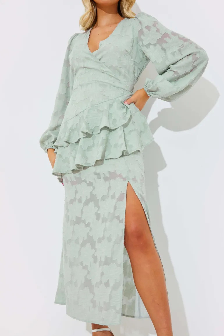 Jacquard Asymmetric Frill Wrap Midaxi Dress