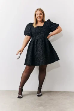 Jacquard Bow Back Puff Sleeve Smock Dress
