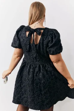 Jacquard Bow Back Puff Sleeve Smock Dress