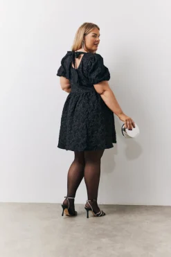 Jacquard Bow Back Puff Sleeve Smock Dress