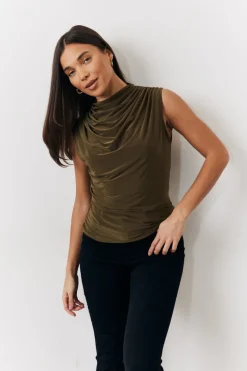 Khaki Slinky Cowl Front Sleeveless Top