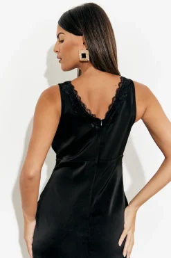 Lace Trim Satin Midi Dress