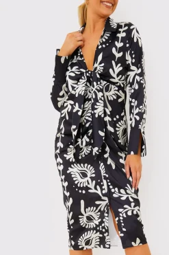 Leaf Print Plunge Tie Front Midi Shirt Dress