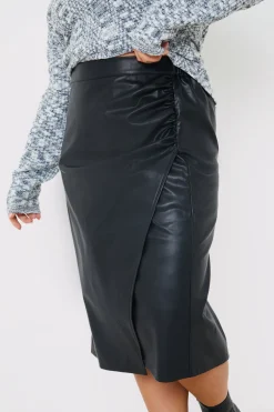 Leather Look Side Split Midi Skirt