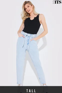 Light Wash Paperbag Tie Waist Jeans
