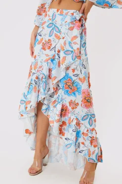 Multi Floral Frill Detail Wrap Maxi Skirt