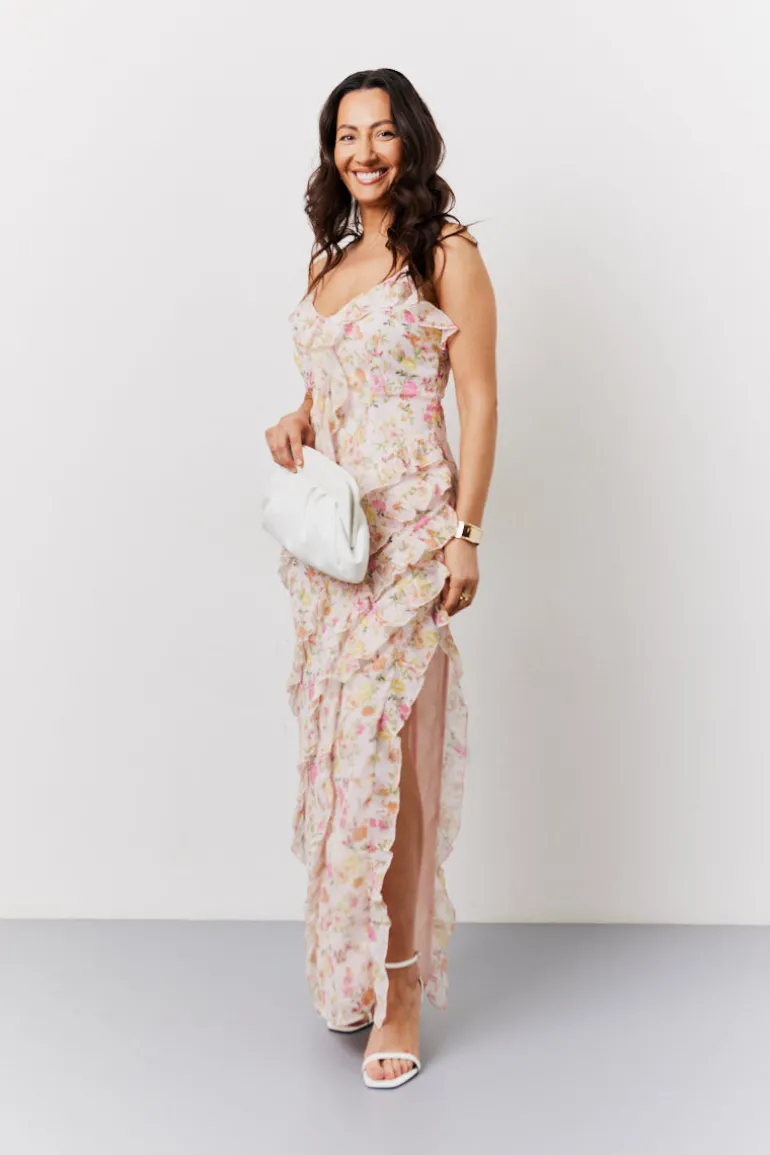 Pink Floral Frill Detail Maxi Dress