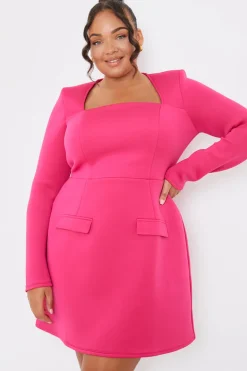 Pink Square Neck Long Sleeve Structured Mini Dress