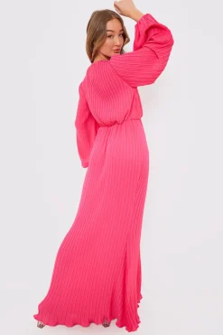 Plisse Ballon Sleeve Maxi Dress