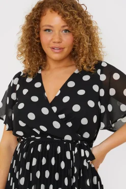 Polka Dot Print Pleated Wrap Midi Dress
