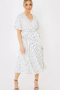 Polka Dot Print Pleated Wrap Midi Dress
