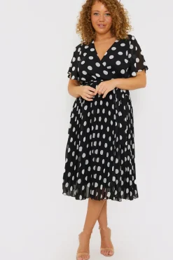 Polka Dot Print Pleated Wrap Midi Dress