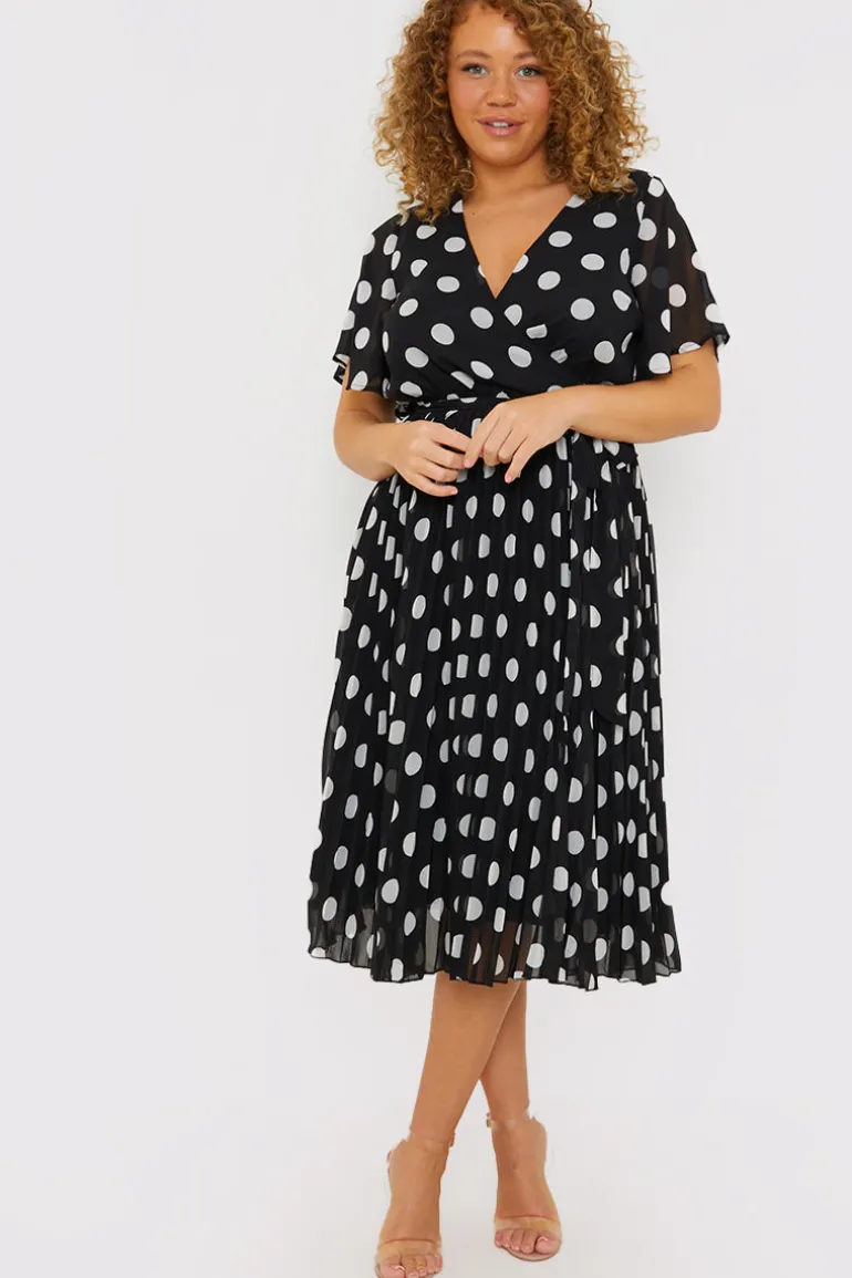 Polka Dot Print Pleated Wrap Midi Dress