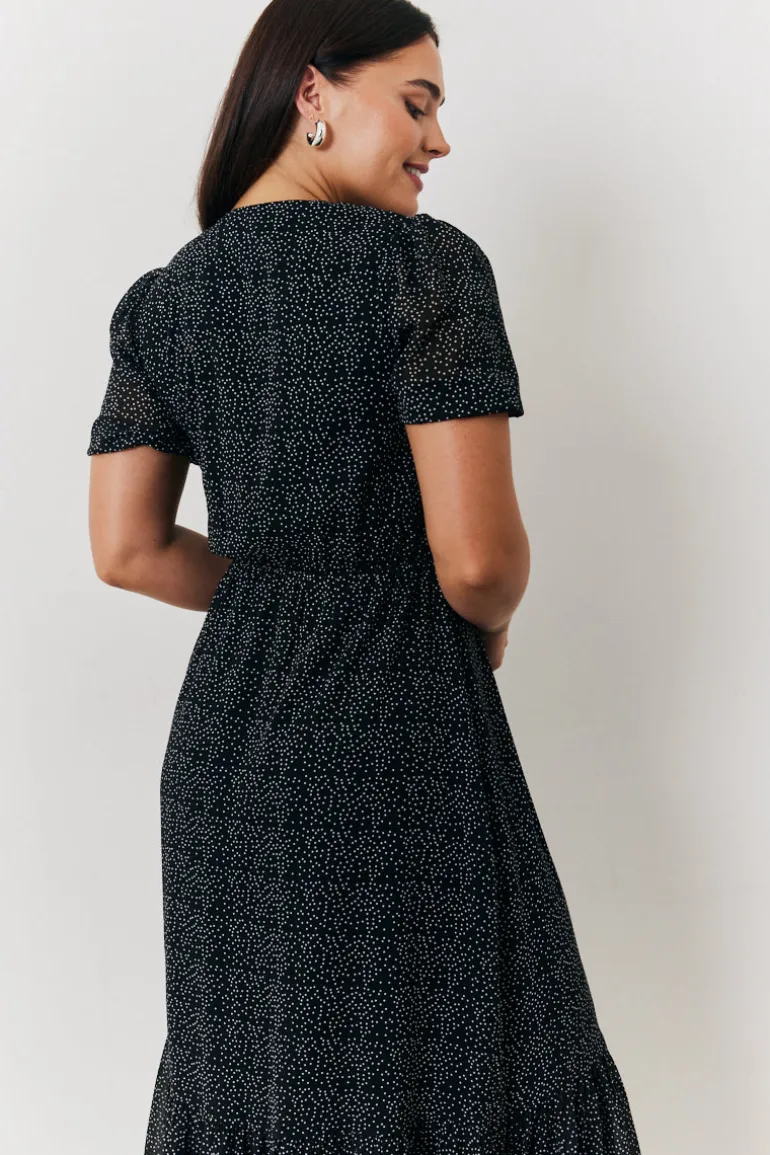 Polka Dot V Neck Puff Sleeve Midaxi Dress