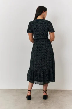 Polka Dot V Neck Puff Sleeve Midaxi Dress
