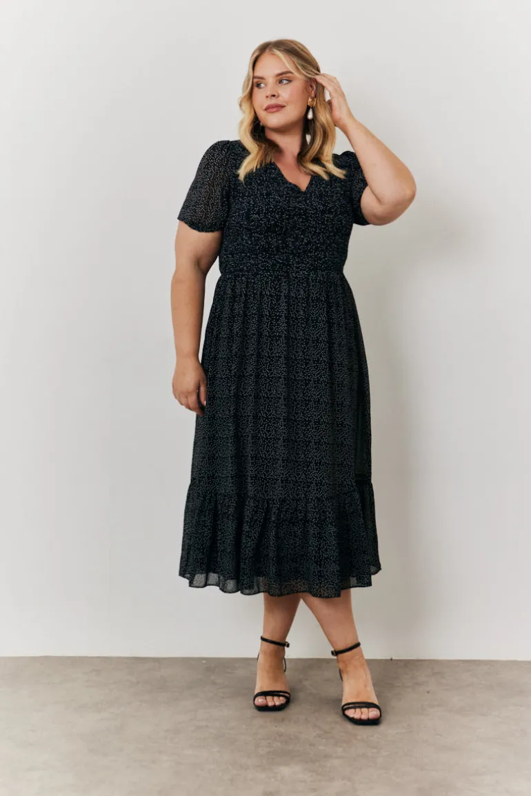 Polka Dot V Neck Puff Sleeve Midaxi Dress