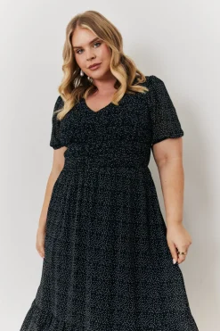 Polka Dot V Neck Puff Sleeve Midaxi Dress