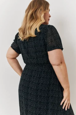 Polka Dot V Neck Puff Sleeve Midaxi Dress