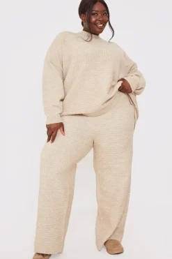 Recycled Contrast Knitted Ribbed Co Ord Wide Leg Trouser