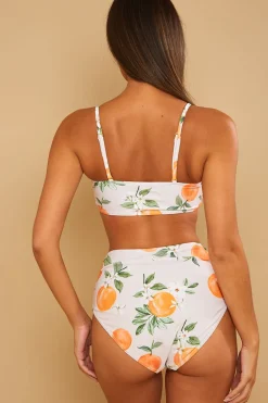 Recycled Control Orange Print Ruched Detail High Waisted Bikini Bottoms