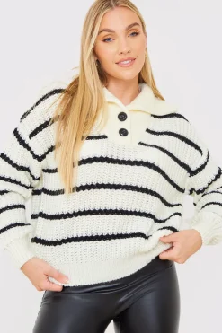 Recycled Stripe Half Button Knitted Jumper