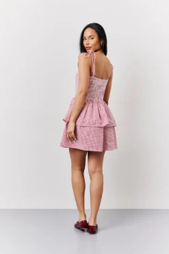 Red Seersucker Gingham Shirred Mini Dress